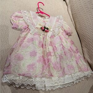 Vintage NWOT Pink White Toddler Girls Dress  Size 9 Months with Lace
